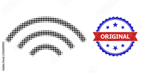 Halftone broadcasting waves icon, and bicolor dirty Original seal stamp. Halftone broadcasting waves icon is designed with small circle elements. Vector seal with distress bicolored style,