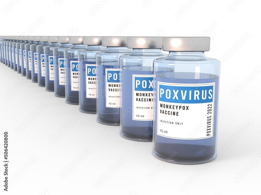 Monkeypox pox poxvirus vaccine glass bottles. Plenty of bottles on white background with shadow. 3D illustration. High point of view. Teal orange light. Monkeypox pox poxvirus vaccine glass bottles. Plenty of bottles on white background with shadow. 3D illustration. High point of view. Teal orange light.