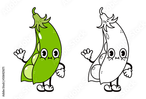 Cute funny peas waving hand character outline cartoon illustration for coloring book. Vector hand drawn traditional cartoon vintage, retro, peas pod character. Isolated on white background