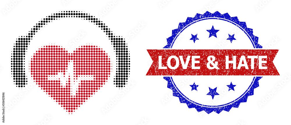Halftone heart sound icon, and bicolor scratched Love & Hate seal stamp. Halftone heart sound icon is constructed with small circle points. Vector imprint with scratched bicolored style, Halftone heart sound icon, and bicolor scratched Love & Hate seal stamp. Halftone heart sound icon is constructed with small circle points. Vector imprint with scratched bicolored style,
