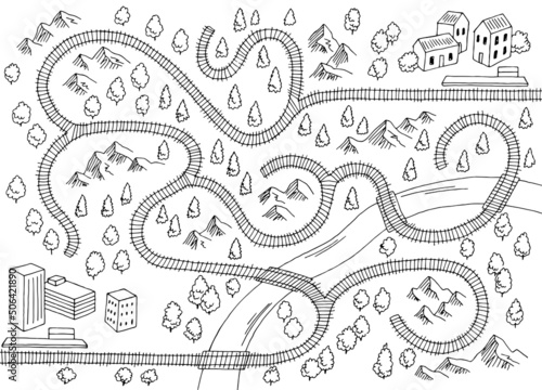Railroad maze graphic black white sketch top aerial view illustration vector