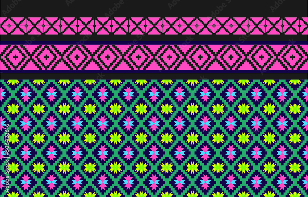 Oriental design with a geometric ethnic pattern on a dark midnight navy background. Traditional geometric abstract in pink, white, yellow, and green for handcrafted wallpaper, carpets, apparel