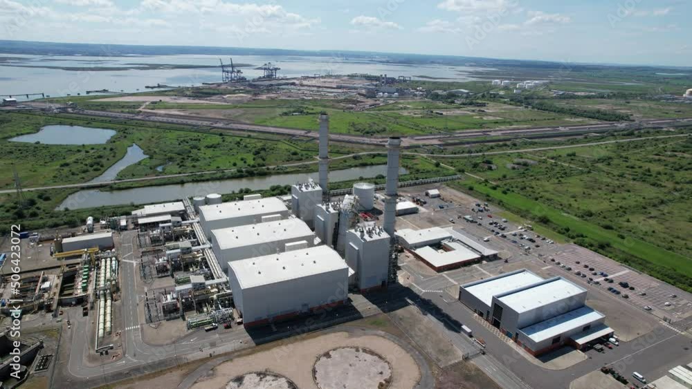 Grain CHP Power station Kent UK ,shut down due to chimney storm damaged drone aerial view Grain CHP Power station Kent UK ,shut down due to chimney storm damaged drone aerial view