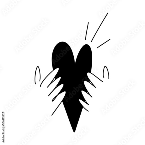 Hand drawn hands holding heart in doodle style. Charity, donation concept. Vector illustration