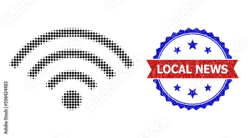 Halftone internet signal icon, and bicolor grunge Local News watermark. Halftone internet signal icon is designed with small circle dots. Vector watermark with distress bicolored style,