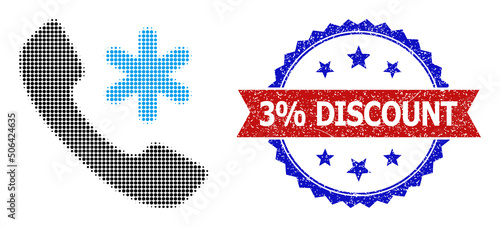 Halftone cold call icon, and bicolor grunge 3% Discount watermark. Halftone cold call icon is made with small round items. Vector watermark with scratched bicolored style,