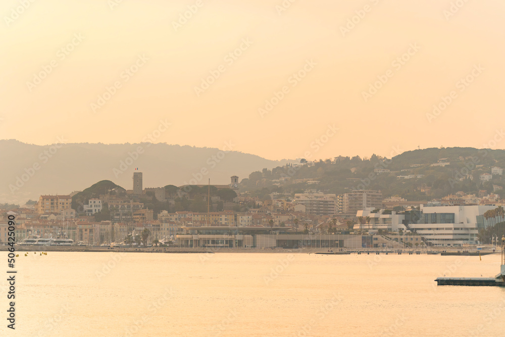 Panoramic view of Cannes, France with the old town in the background