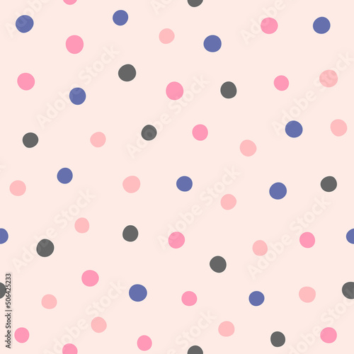 Simple seamless pattern with scattered round spots. Cute girly print. Vector illustration.