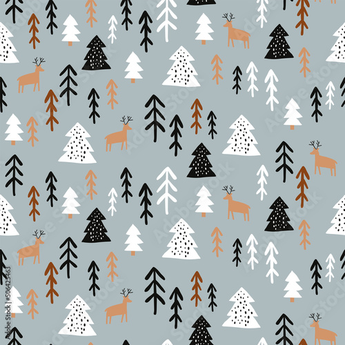 Christmas pattern with seamless drawing of reindeer, forest tree and rabbit. Natural floral drawing for winter season and Christmas holiday. Vector illustration ready for print.
