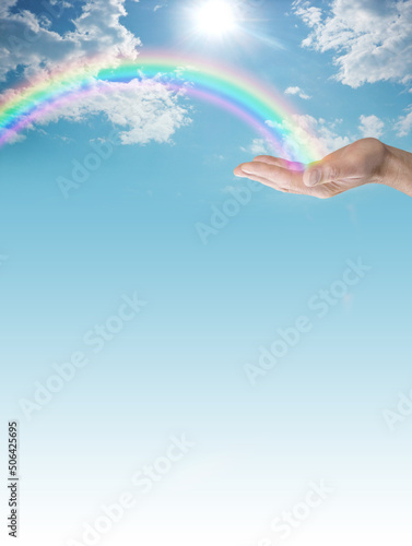 Spiritual Rainbow blue sky sunshine diploma certificate award announcement invitation advert template - upright graduated blue with clouds and sun and rainbow arcing from male hand 