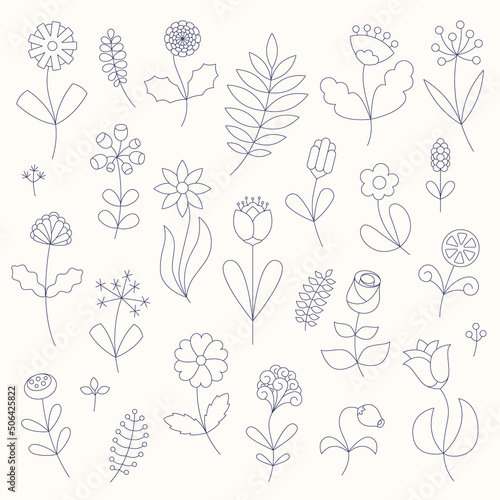 Fototapeta Naklejka Na Ścianę i Meble -  Flower line art set. Minimalist contour drawing. Floral symbols