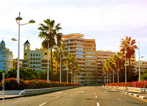 Road in city with of palm trees and residential buildings with apartments at sea. Empty road, no cars in city. Central street with gardens and flowers near city park near the Turia River, Valencia. photo