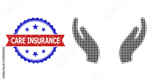 Halftone care palms icon, and bicolor unclean Care Insurance watermark. Halftone care palms icon is designed with small circle dots. Vector watermark with unclean bicolored style,
