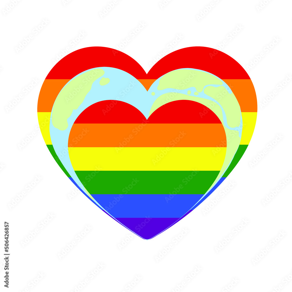 Hand drawn vector illustration of the world in heart shape between couple of pride LGBT hearts isolated on white background. Hand drawn vector illustration of the world in heart shape between couple of pride LGBT hearts isolated on white background.
