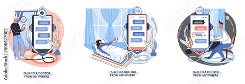 Online medical services mobile application consultation and prescription medicine professional doctor connecting and giving consultation for patient anywhere telemedicine metaphor, health care program