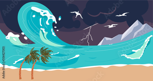 Horizontal banner of abstract seascape with storm and thunder