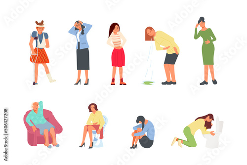 Set of ill different sick women isolated on white background