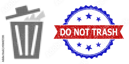 Halftone office bucket icon, and bicolor unclean Do Not Trash seal. Halftone office bucket icon is generated with small round items. Vector seal with unclean bicolored style,