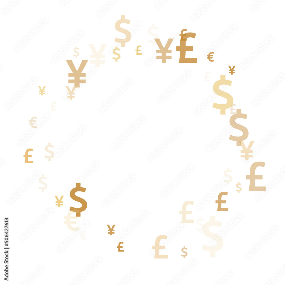 Euro dollar pound yen gold icons scatter currency vector background. Payment backdrop. Currency