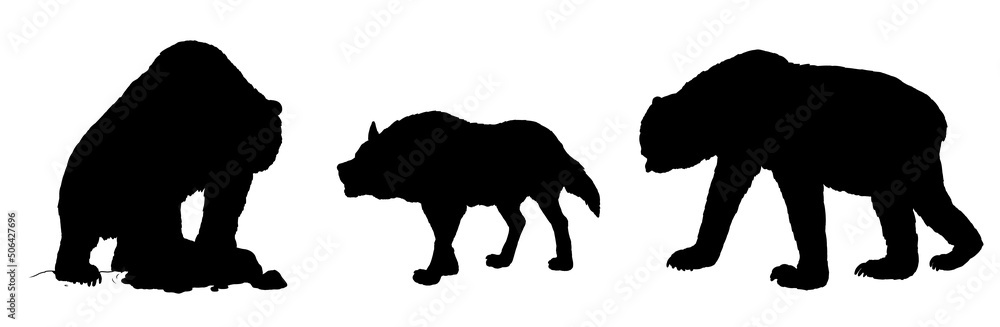 Prehistoric predators - cave bear, dire wolf and short-faced bear. Drawing with extinct predator. Silhouette drawing with wolf and bear. Prehistoric predators - cave bear, dire wolf and short-faced bear. Drawing with extinct predator. Silhouette drawing with wolf and bear.