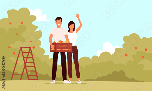 A young man and woman stands with a box of fresh apples. Work in the apple orchard. Seasonal harvest. Ripe healthy fruits. Flat vector illustration