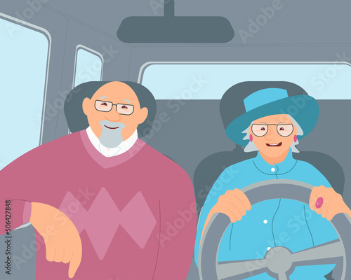Elderly female driver and senior passenger character inside a car