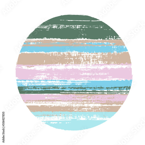 Abstract circle vector geometric shape with stripes texture of ink horizontal lines. Disk banner with old paint texture. Badge round shape logotype circle with grunge stripes background.
