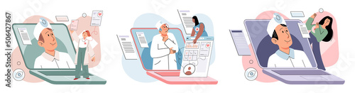 Online medical services mobile app, consultation and prescription medicine, diagnostics, professional doctor connecting and giving consultation for patient, telemedicine metaphor, health care program