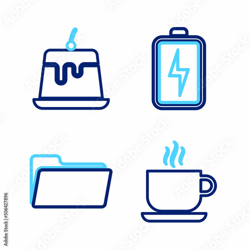Set line Coffee cup, Folder, Battery and Pudding custard icon. Vector