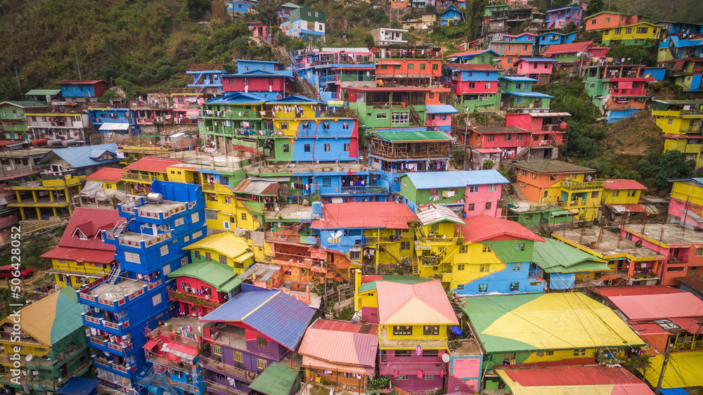 Aerial view of the colourful Stobosa hillside homes artwork in the town of La Trinidad, Benguet, Philippines.