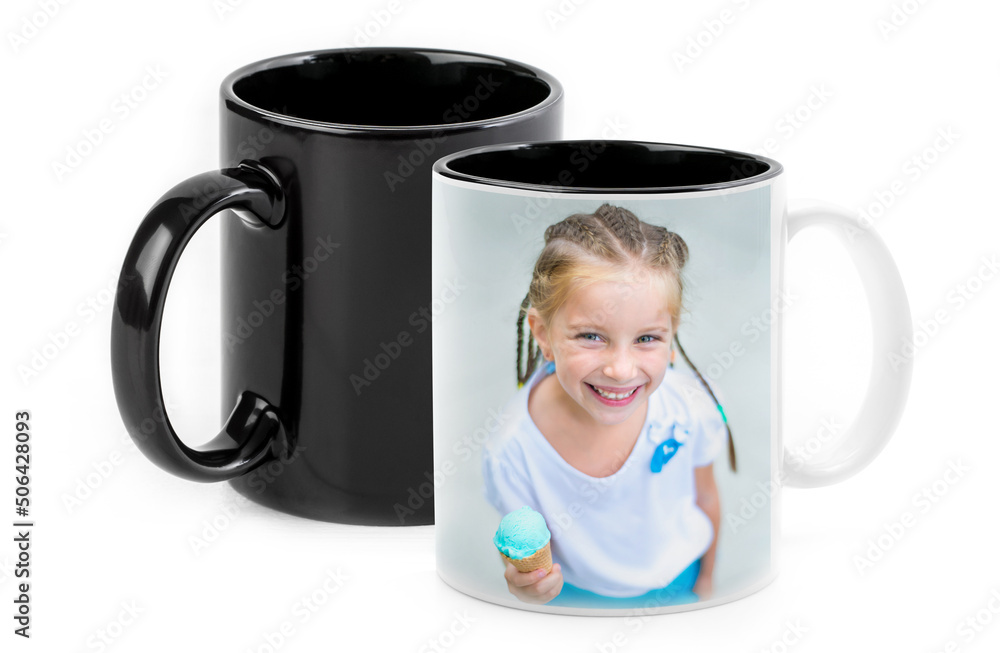 © Ievgen Skrypko - Happy little girl printed on chameleon cup isolated on white background