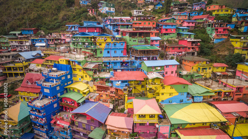 Aerial view of the colourful Stobosa hillside homes artwork in the town of La Trinidad, Benguet, Philippines. photo