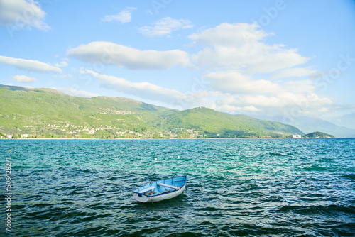 View of the boat bobbing on the waves of Lake Ohrid. High quality photo