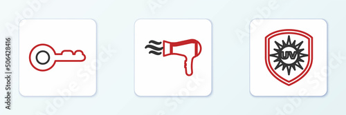 Set line UV protection, Diamond and Hair dryer icon. Vector