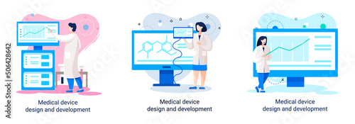 Medical device design and development metaphor with scientist develop research appliance, equipment and experiment. Laboratory diagnostic service chemistry clinic laboratories, pharmaceutical research