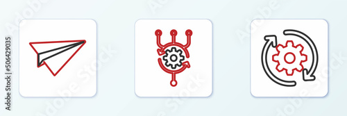 Set line Gear and arrows as workflow, Paper plane and Algorithm icon. Vector