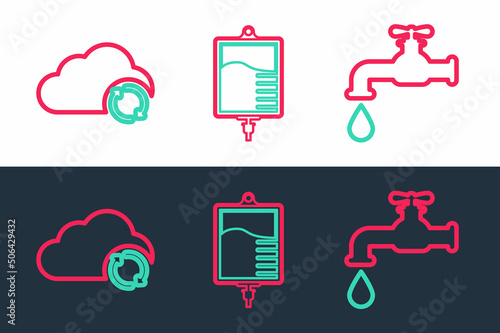 Set line Water tap, Cloud sync refresh and IV bag icon. Vector