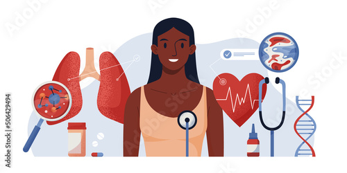 Full Body Health Checkup vector concept digital illustration. Medical diagnosis of human cardiovascular diseases, blood pressure, heart anatomy, lungs. Apps, web services for medical help. Body screen