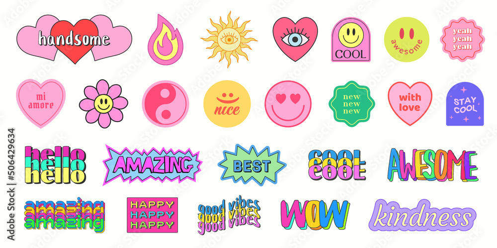 Set of Cool Y2K Smile Stickers Vector Design. Trendy Pop Art Patches. - obrazy, fototapety, plakaty 