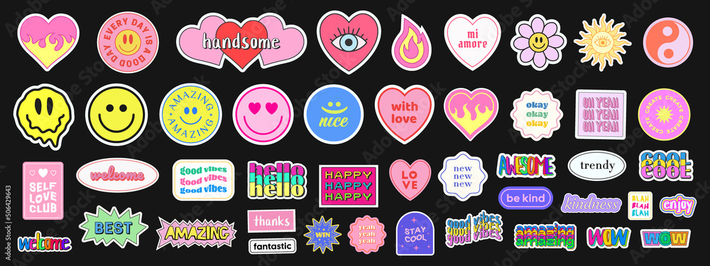 Pop Art Sticker Pack. Collections Of Cute Emoji Smile Badges. Set Of ...