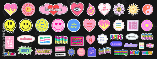 Pop Art Sticker Pack. Collections Of Cute Emoji Smile Badges. Set Of Cool Trendy Patches. photo