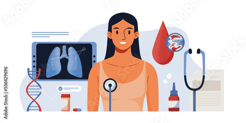 Lung inspection concept. Pulmonology of human illustration for website, app, banner. Fibrosis, tuberculosis, pneumonia, cancer, lung diagnosis doctors treat, scan. Patient health check up.