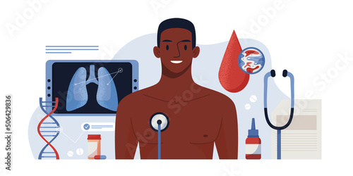 Lung inspection concept. Pulmonology of human illustration for website, app, banner. Fibrosis, tuberculosis, pneumonia, cancer, lung diagnosis doctors treat, scan. Patient health check up.