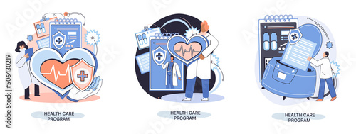 Health care program metaphor, online medical services, protection medicine. Medical insurance, hospital services, preventive check up, sick leave certificate treatment diagnosis patients, telemedicine