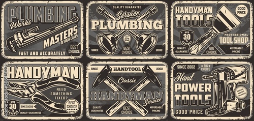 Handyman and plumbing tools posters set