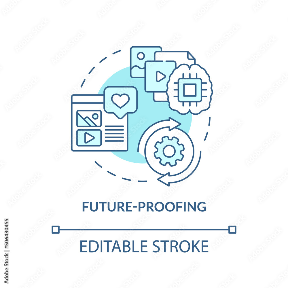 Future proofing turquoise concept icon. Digital first mindset importance abstract idea thin line illustration. Isolated outline drawing. Editable stroke. Arial, Myriad Pro-Bold fonts used Future proofing turquoise concept icon. Digital first mindset importance abstract idea thin line illustration. Isolated outline drawing. Editable stroke. Arial, Myriad Pro-Bold fonts used