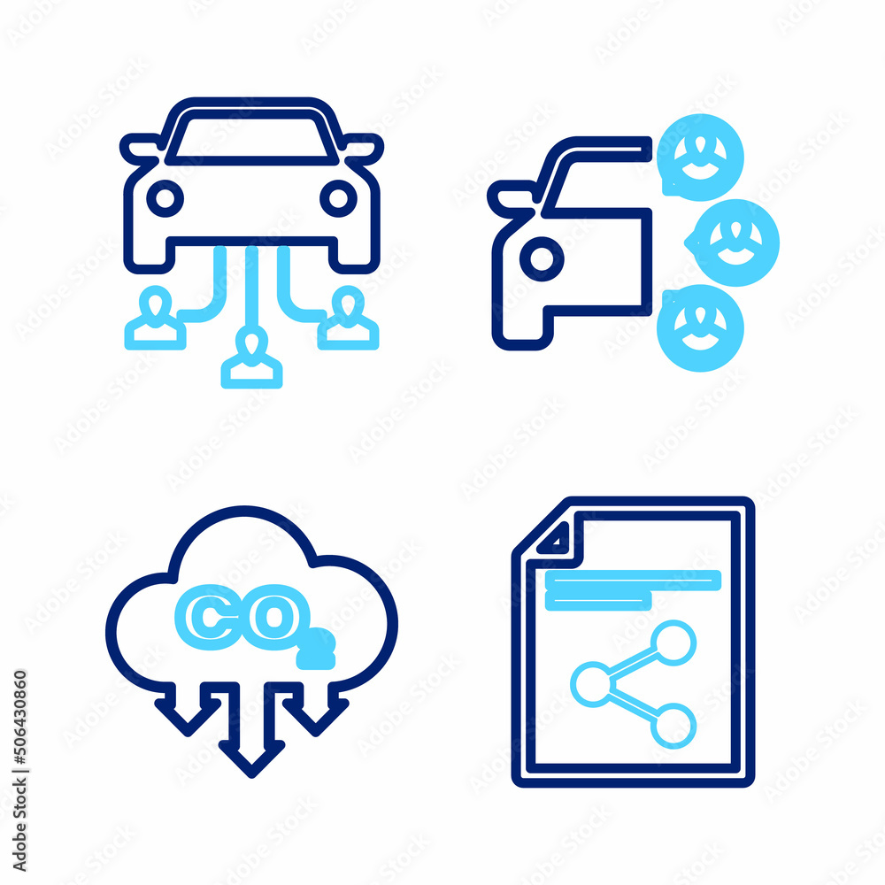 Set line Share file, CO2 emissions in cloud, Car sharing and icon. Vector Set line Share file, CO2 emissions in cloud, Car sharing and icon. Vector