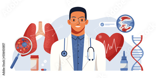 Consultation with a doctor. Full body health check up vector concept digital illustration. Medical diagnosis of human cardiovascular diseases, blood pressure, heart anatomy, lungs. Banner, poster
