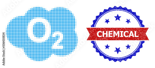 Halftone oxigen cloud icon, and bicolor scratched Chemical seal stamp. Halftone oxigen cloud icon is generated with small round dots. Vector watermark with scratched bicolored style,