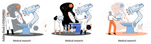 Medical research metaphor. Laboratory diagnostic services, Scientists work equipment and microscope. Virologists chemistry clinic laboratories, microbiology pharmaceutical research. Vaccine discovery